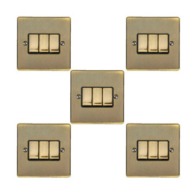 5 PACK 3 Gang Metal Triple Light Switch ANTIQUE BRASS 2 Way 10A Black Trim