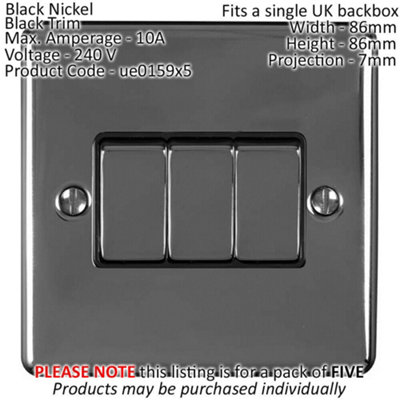 5 PACK 3 Gang Metal Triple Light Switch BLACK NICKEL 2 Way 10A Black Trim
