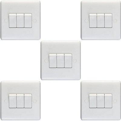 5 PACK 3 Gang Triple 10A Light Switch 2 Way - WHITE PLASTIC Wall Plate Rocker