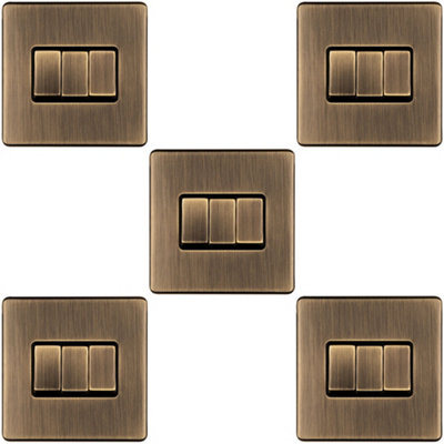 5 PACK 3 Gang Triple Light Switch SCREWLESS ANTIQUE BRASS 2 Way 10A Slim Rocker