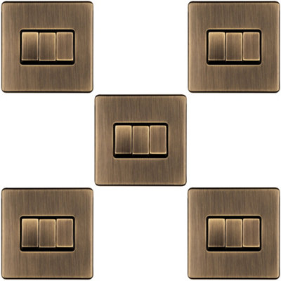 5 PACK 3 Gang Triple Light Switch SCREWLESS ANTIQUE BRASS 2 Way 10A Slim Rocker