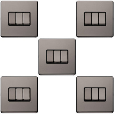 5 PACK 3 Gang Triple Light Switch SCREWLESS BLACK NICKEL 2 Way 10A Slim Rocker