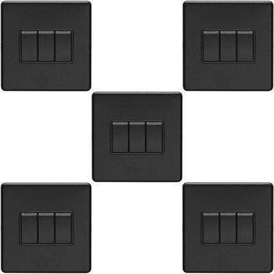 5 PACK 3 Gang Triple Light Switch SCREWLESS MATT BLACK 2 Way 10A Slim Rocker