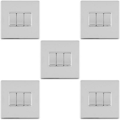 5 PACK 3 Gang Triple Light Switch SCREWLESS POLISHED CHROME 2 Way 10A Rocker