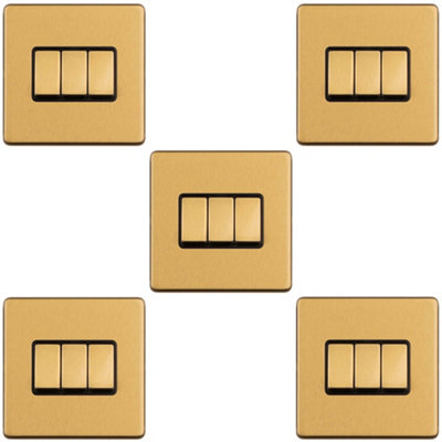 5 PACK 3 Gang Triple Light Switch SCREWLESS SATIN BRASS 2 Way 10A Slim Rocker