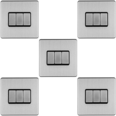 5 PACK 3 Gang Triple Light Switch SCREWLESS SATIN STEEL 2 Way 10A Slim Rocker