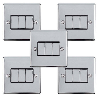 5 PACK 3 Gang Triple Metal Light Switch POLISHED CHROME 2 Way 10A Black Trim