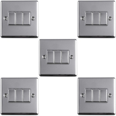 5 PACK 3 Gang Triple Metal Light Switch POLISHED CHROME 2 Way 10A GREY Trim