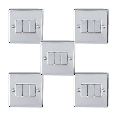 5 PACK 3 Gang Triple Metal Light Switch POLISHED CHROME 2 Way 10A White Trim