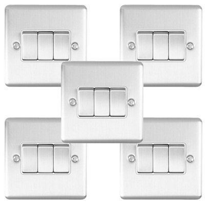 5 PACK 3 Gang Triple Metal Light Switch SATIN STEEL 2 Way 10A White Trim