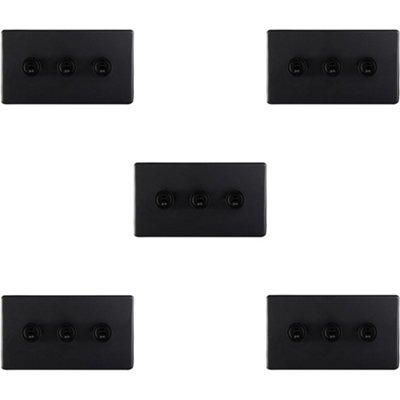 5 PACK 3 Gang Triple Retro Toggle Light Switch SCREWLESS MATT BLACK 10A 2 Way