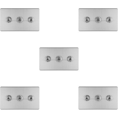 5 PACK 3 Gang Triple Retro Toggle Light Switch SCREWLESS SATIN STEEL 10A 2 Way