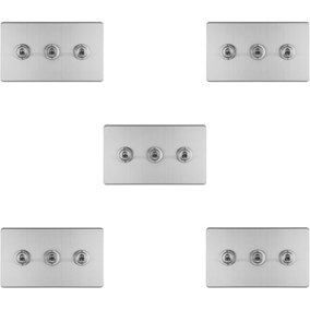 5 PACK 3 Gang Triple Retro Toggle Light Switch SCREWLESS SATIN STEEL 10A 2 Way