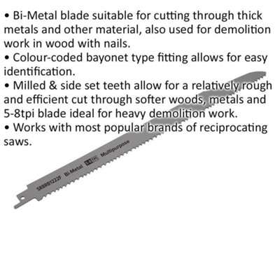 5 PACK 300mm Bi-Metal Reciprocating Saw Blade - 5-8 TPI - Milled Side Set Teeth
