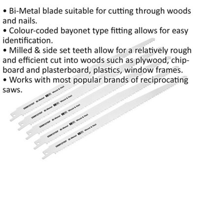 5 PACK 300mm Bi-Metal Reciprocating Saw Blade - 6 TPI - Milled Side Set Teeth