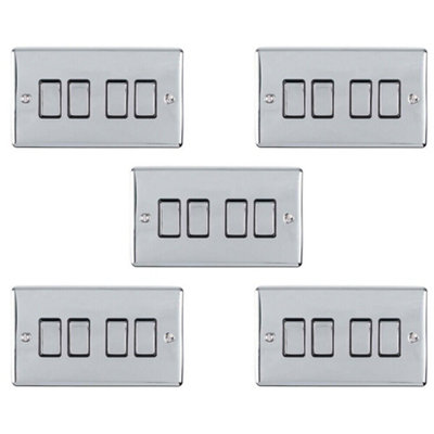 5 PACK 4 Gang Metal Quad Light Switch POLISHED CHROME 2 Way 10A Black Trim