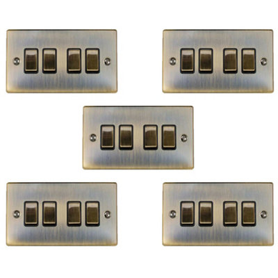 5 PACK 4 Gang Quad Light Switch ANTIQUE BRASS 2 Way 10A Black Trim