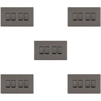 5 PACK 4 Gang Quad Light Switch SCREWLESS BLACK NICKEL 2 Way 10A Slim Rocker