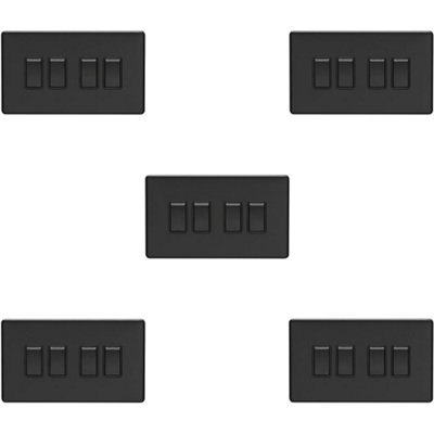 5 PACK 4 Gang Quad Light Switch SCREWLESS MATT BLACK 2 Way 10A Slim Rocker