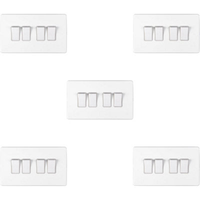 5 PACK 4 Gang Quad Light Switch SCREWLESS MATT WHITE 2 Way 10A Slim Rocker