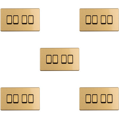 5 PACK 4 Gang Quad Light Switch SCREWLESS SATIN BRASS 2 Way 10A Slim Rocker