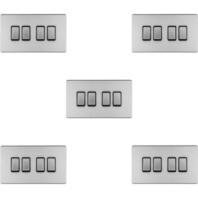 5 PACK 4 Gang Quad Light Switch SCREWLESS SATIN STEEL 2 Way 10A Slim Rocker