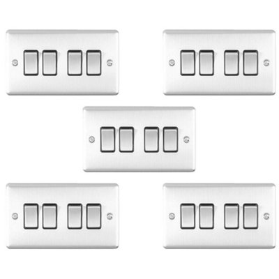 5 PACK 4 Gang Quad Metal Light Switch SATIN STEEL 2 Way 10A Black Trim