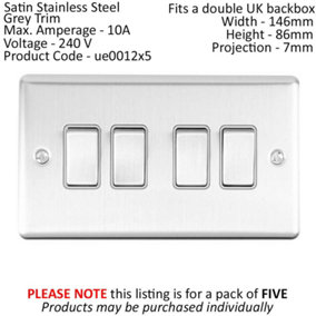 5 PACK 4 Gang Quad Metal Light Switch SATIN STEEL 2 Way 10A Grey Trim