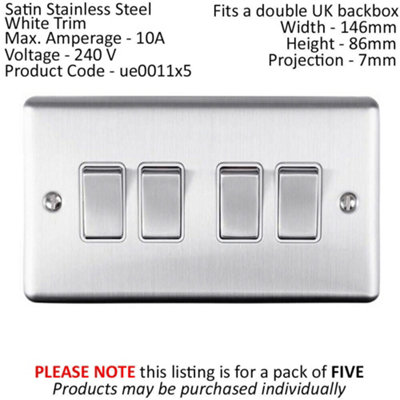 5 PACK 4 Gang Quad Metal Light Switch SATIN STEEL 2 Way 10A White Trim