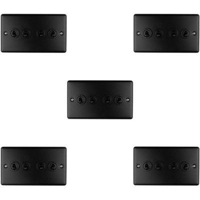 5 PACK 4 Gang Quad Retro Toggle Light Switch MATT BLACK 10A 2 Way Plate