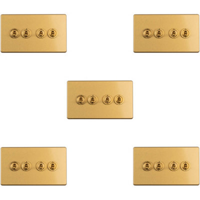 5 PACK 4 Gang Quad Retro Toggle Light Switch SCREWLESS SATIN BRASS 10A 2 Way