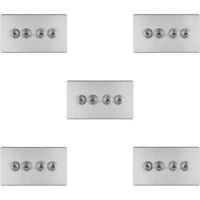 5 PACK 4 Gang Quad Retro Toggle Light Switch SCREWLESS SATIN STEEL 10A 2 Way