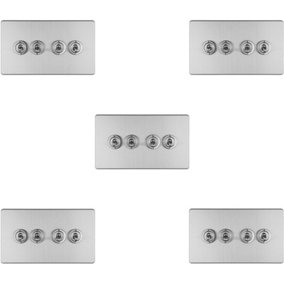 5 PACK 4 Gang Quad Retro Toggle Light Switch SCREWLESS SATIN STEEL 10A 2 Way