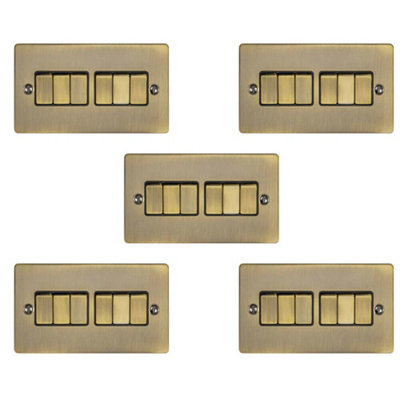 5 PACK 6 Gang Metal Multi Light Switch ANTIQUE BRASS 2 Way 10A Black Trim