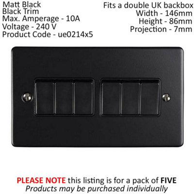 5 PACK 6 Gang Metal Multi Light Switch MATT BLACK 2 Way 10A Black Trim