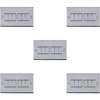 5 PACK 6 Gang Metal Multi Light Switch POLISHED CHROME 2 Way 10A GREY Trim