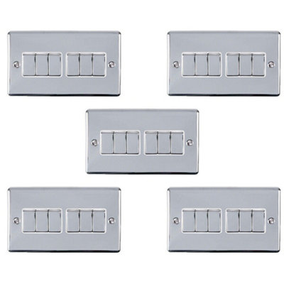 5 PACK 6 Gang Metal Multi Light Switch POLISHED CHROME 2 Way 10A White Trim