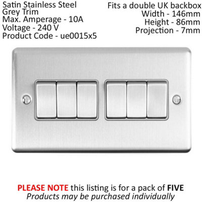 5 PACK 6 Gang Metal Multi Light Switch SATIN STEEL 2 Way 10A Grey Trim