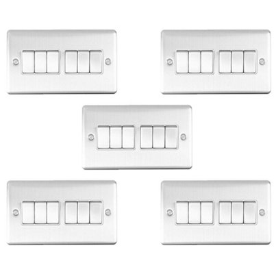 5 PACK 6 Gang Metal Multi Light Switch SATIN STEEL 2 Way 10A White Trim