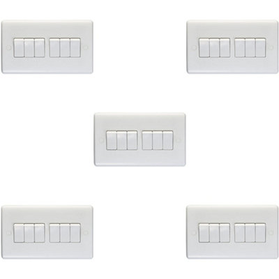 5 PACK 6 Gang Multi 10A Light Switch 2 Way - WHITE PLASTIC Wall Plate Rocker