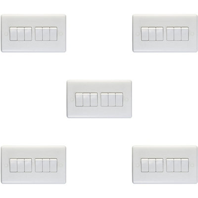 5 PACK 6 Gang Multi 10A Light Switch 2 Way - WHITE PLASTIC Wall Plate Rocker