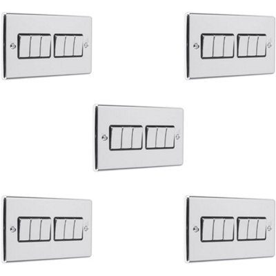 5 PACK 6 Gang Multi Light Switch POLISHED CHROME & BLACK 2 Way 10A Metal Rocker