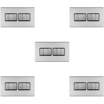 5 PACK 6 Gang Multi Light Switch SCREWLESS SATIN STEEL 2 Way 10A Slim Rocker