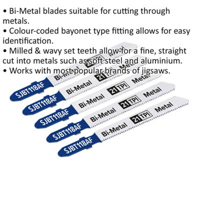5 PACK - 75mm METAL Jigsaw Blade Set - 21 TPI Milled & Wavy Teeth Precision Cut