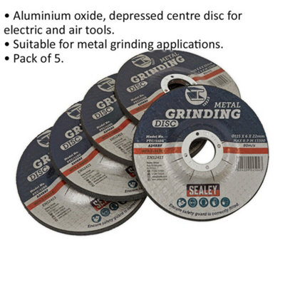 5 PACK Aluminium Oxide DPC Metal Grinding Disc - 115 x 6mm - 22mm Bore