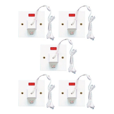 5 Pack Arlec 45A 1 Gang 1 Way White Ceiling Pull Cord Switch With Neon Indicator Light - Square Edge Profile Oven Appliance Rose