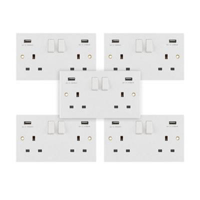5 Pack Arlec White 13A Double 2 Gang 3.4A USB 2 Outlet Socket Screwed Square Edge Profile Single Pole SP