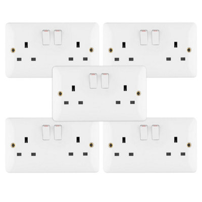 5 Pack Arlec White 13A Double 2 Gang Switched Socket Screwed Square Edge Profile Single Pole SP