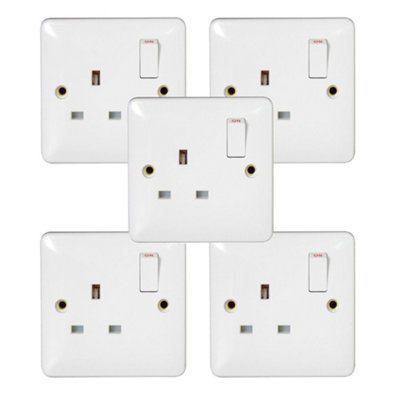 5 Pack Arlec White 13A Single 1 Gang Switched Socket SP Single Pole Screwed Square Edge Profile