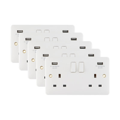 5 Pack Arlec White Slim Line 13A Double 2 Gang 3.4A USB 2 Outlet Socket Screwed Slimline Profile Single Pole SP
